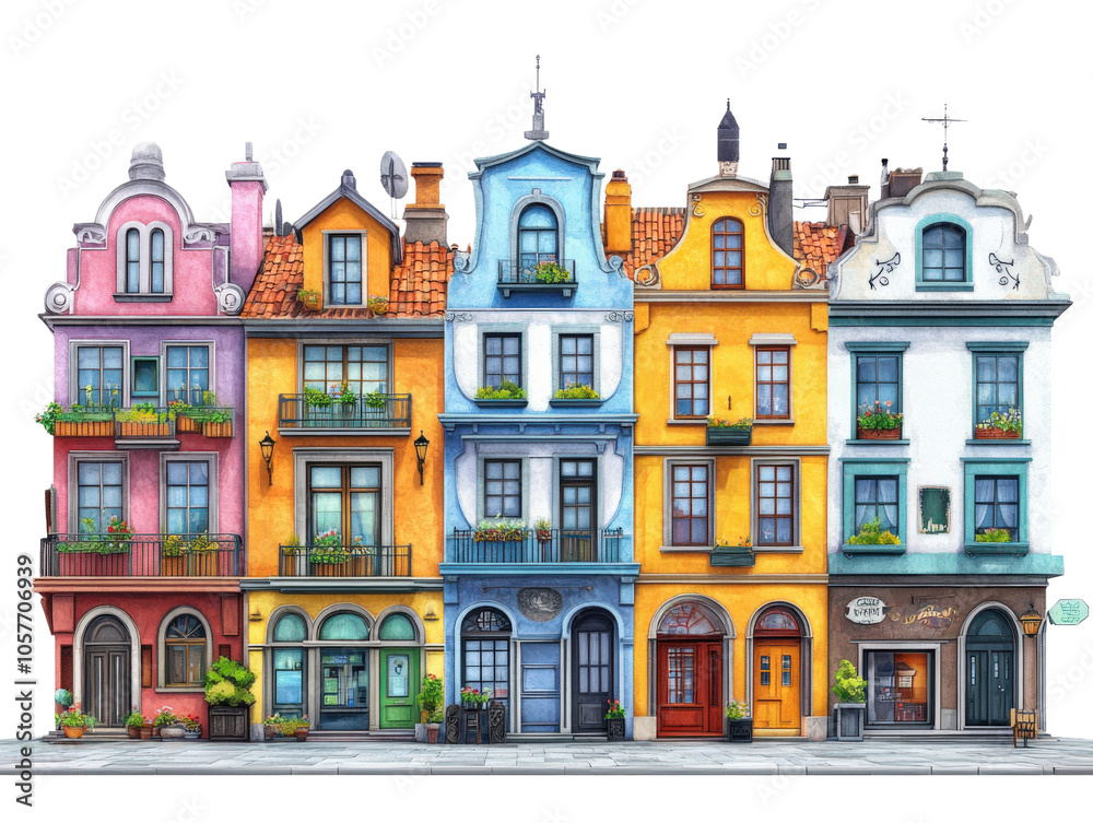 Fototapeta premium Colorful buildings in a row with unique architectural designs, white isolate background.