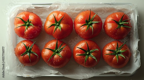 Freshly picked ripe tomatoes arranged meticulously on a tray in natural light...
