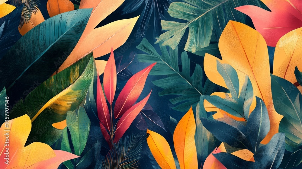 A burst of color and abstract jungle leaves, capturing the essence of summer in a vibrant illustration A burst of color and abstract jungle leaves, capturing the essence of summer in a vibrant illustration