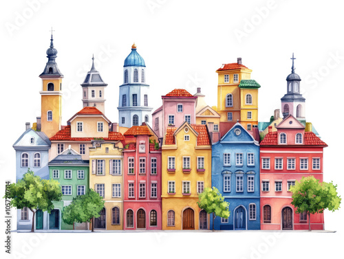 Colorful houses in a whimsical European street scene, white isolate background.