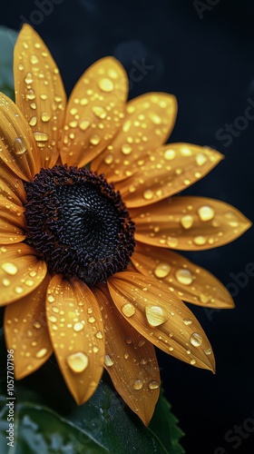 Bright sunflower with droplets on petals surrounded by green leaves in close ...