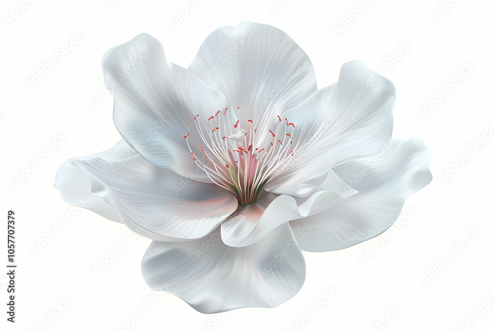 A single white flower with a pink center, isolated on a white background. A single white flower with a pink center, isolated on a white background.