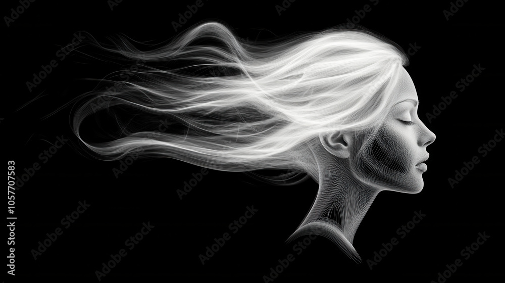 digital drawing of flowing white hair against black background, showcasing serene profile. artwork captures movement and elegance in unique style digital drawing of flowing white hair against black background, showcasing serene profile. artwork captures movement and elegance in unique style