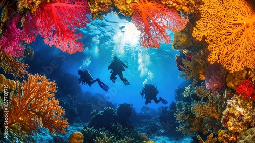 Scuba Divers Exploring Vibrant Underwater Coral Canyon