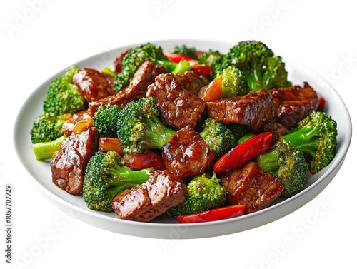 Delicious beef and broccoli stir-fry on a white plate with red bell peppers.