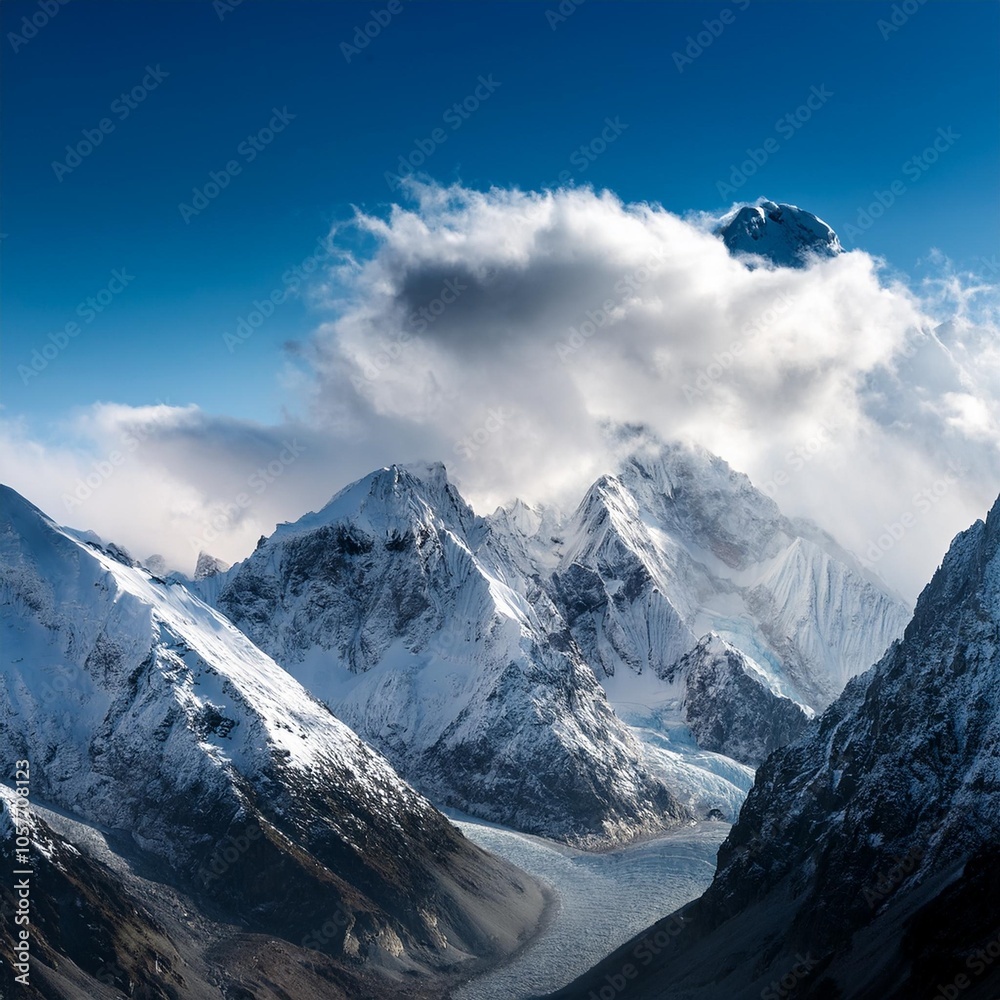Obraz premium the image shows snow capped mountains with clouds in the sky