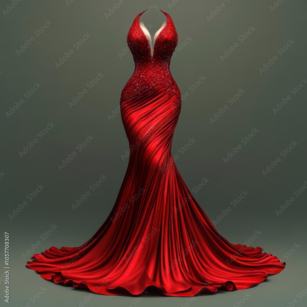 A flowing red gown with a plunging neckline and beaded bodice A flowing red gown with a plunging neckline and beaded bodice