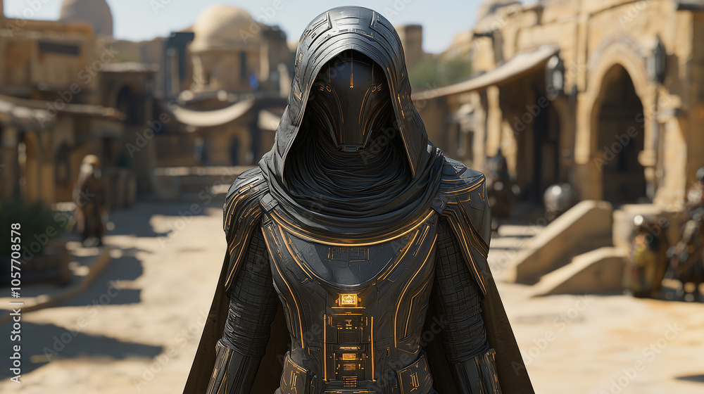 Futuristic armored figure in a hooded cloak stands in a sunlit, ancient desert cityscape Futuristic armored figure in a hooded cloak stands in a sunlit, ancient desert cityscape