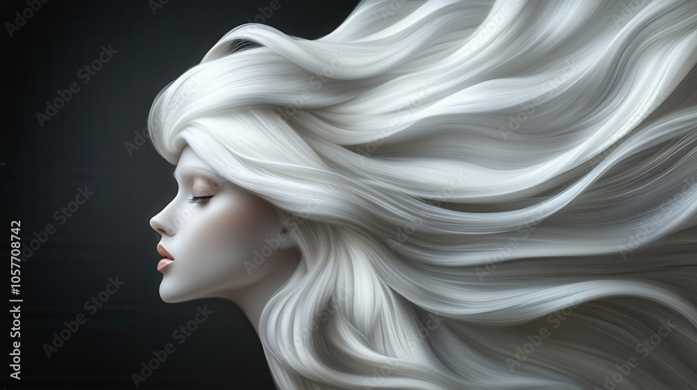 digital drawing of flowing white hair, showcasing serene profile with smooth features and dark background. artwork captures elegance and beauty digital drawing of flowing white hair, showcasing serene profile with smooth features and dark background. artwork captures elegance and beauty