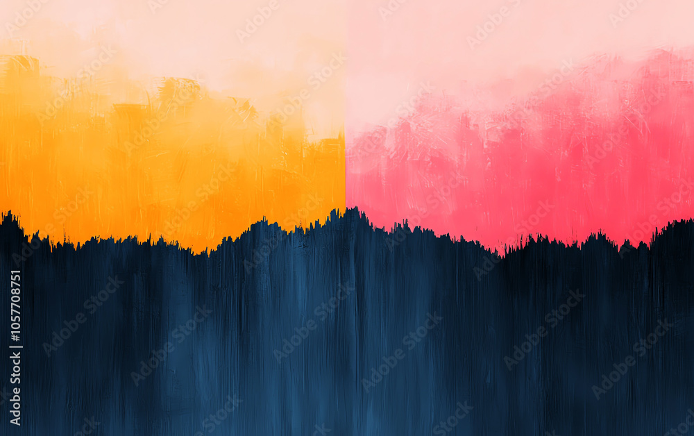 Abstract painting featuring a gradient of colors from warm yellow and orange to cool pink and blue, creating a harmonious visual. Abstract painting featuring a gradient of colors from warm yellow and orange to cool pink and blue, creating a harmonious visual.
