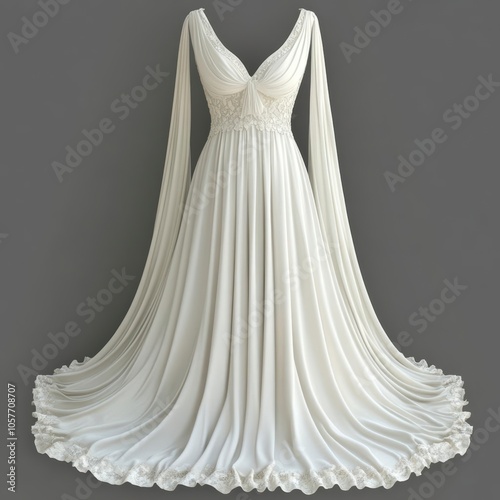 Elegant flowing white gown with a deep V-neckline and long sleeves