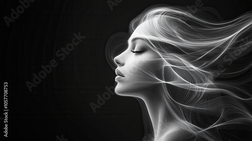 digital drawing of flowing hair with serene profile against dark background, showcasing elegance and grace. intricate lines create sense of movement and beauty
