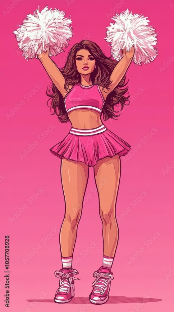 Cheerleader in pink uniform with pom-poms raised high Cheerleader in pink uniform with pom-poms raised high
