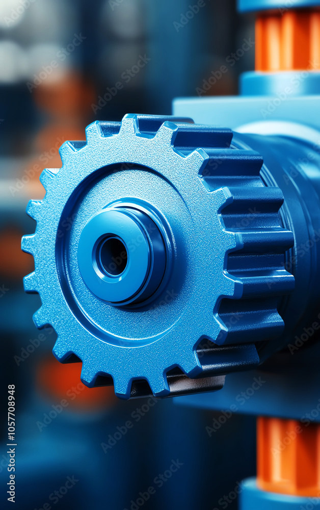 Close-up of a blue mechanical gear showcasing intricate details and textures, set against blurred industrial background. Close-up of a blue mechanical gear showcasing intricate details and textures, set against blurred industrial background.