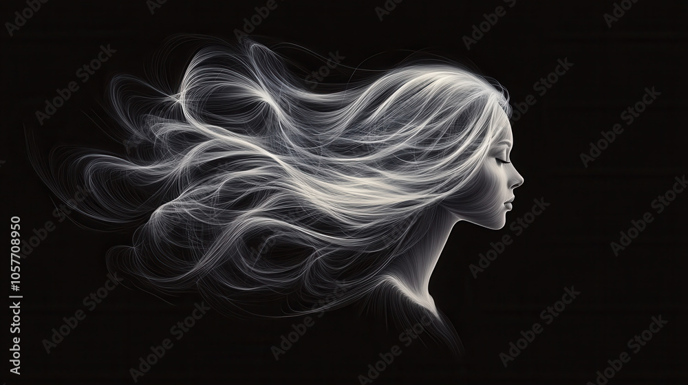 white digital drawing of flowing hair against black background, showcasing elegance and movement. artwork captures serene expression and ethereal beauty white digital drawing of flowing hair against black background, showcasing elegance and movement. artwork captures serene expression and ethereal beauty