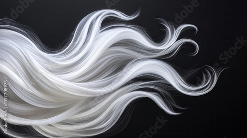 Flowing white hair on dark background creates striking visual contrast, showcasing elegance and movement. delicate strands evoke sense of lightness and beauty