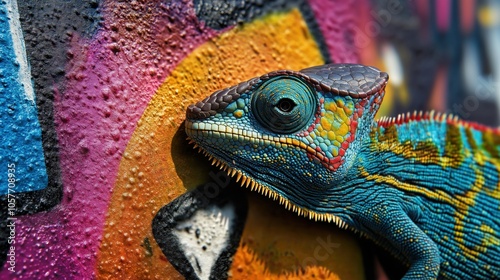 Wallpaper Mural A vibrant chameleon resting against a colorful graffiti wall. Torontodigital.ca