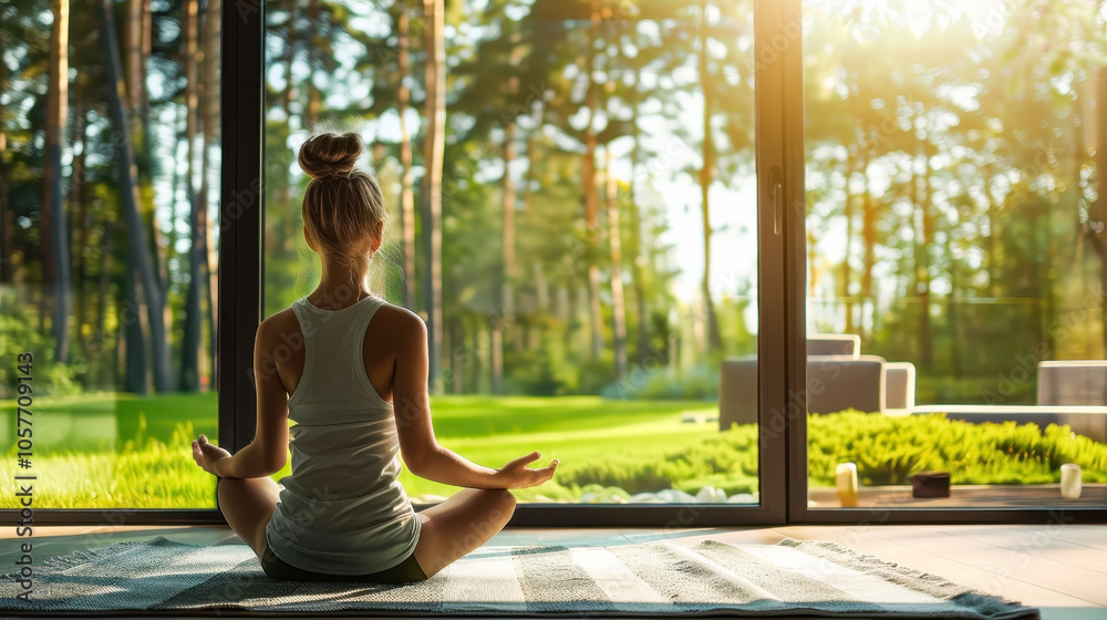 Serene morning yoga meditation in sunlit forest view Serene morning yoga meditation in sunlit forest view