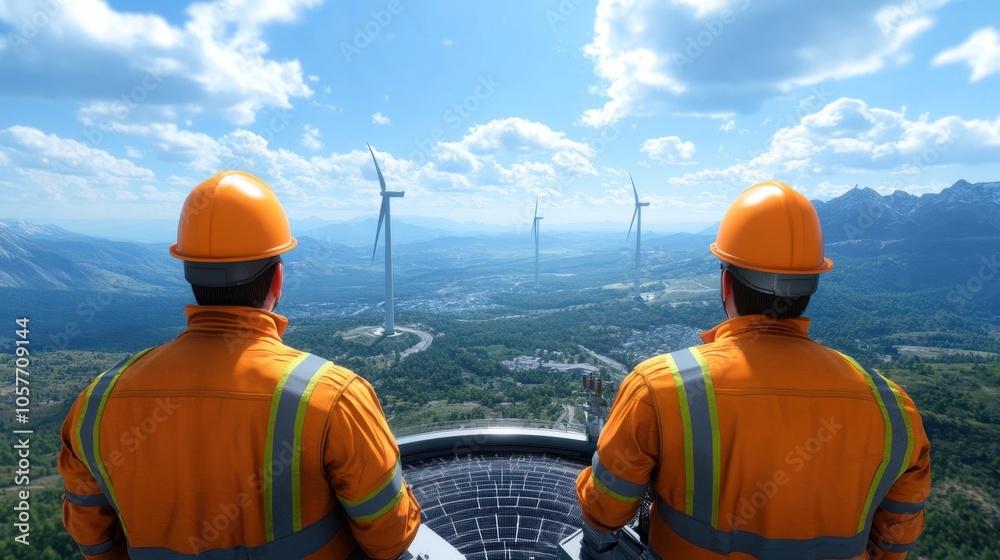 Engineers Collaborating in an Outdoor Wind Farm Setting Engineers Collaborating in an Outdoor Wind Farm Setting
