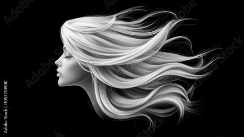 white digital drawing of flowing hair with profile view of woman, showcasing elegance and movement against black background