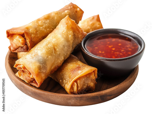 Delicious spring rolls served with spicy dipping sauce, wooden plate, white isolate background.