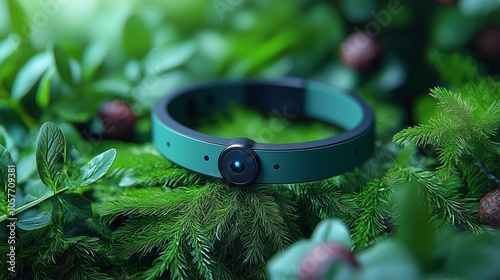 Sleek Green Smartwatch in Lush Botanical Setting with Modern Technology Vibe photo