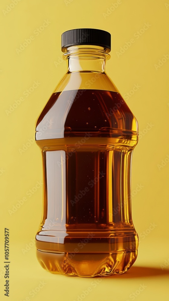 A clear glass bottle filled with a golden liquid A clear glass bottle filled with a golden liquid
