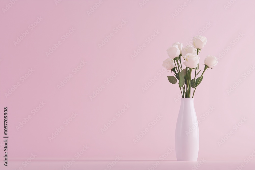 Roses in a vase, arranged elegantly with a soft pastel pink backdrop behind. Roses in a vase, arranged elegantly with a soft pastel pink backdrop behind.