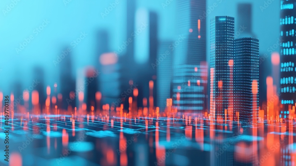 Futuristic cityscape with vibrant digital data overlay illustrating the intersection of technology and urban development Futuristic cityscape with vibrant digital data overlay illustrating the intersection of technology and urban development
