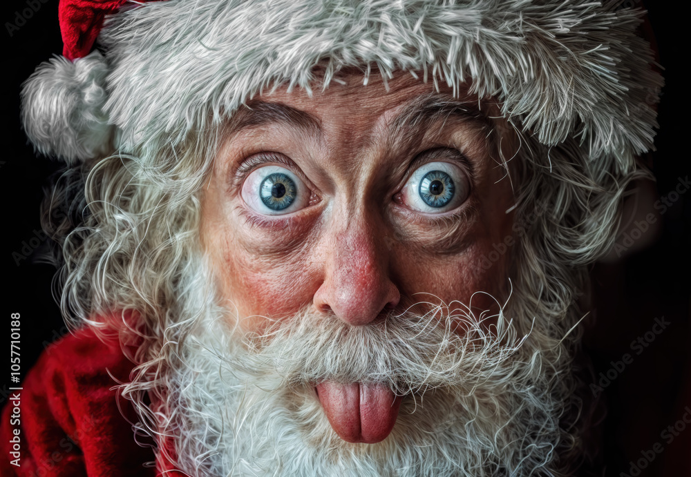 Santa claus making a goofy face and sticking out his tongue in a close-up shot Santa claus making a goofy face and sticking out his tongue in a close-up shot
