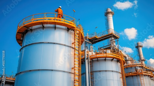 Worker Inspecting Oil Refinery Equipment