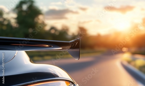 A sleek car's rear wing against a sunset backdrop on a winding road.