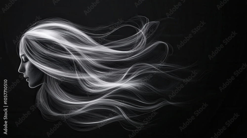digital drawing of flowing hair in black background, showcasing elegance and movement. artwork captures beauty of hair in graceful manner, evoking sense of tranquility and artistry