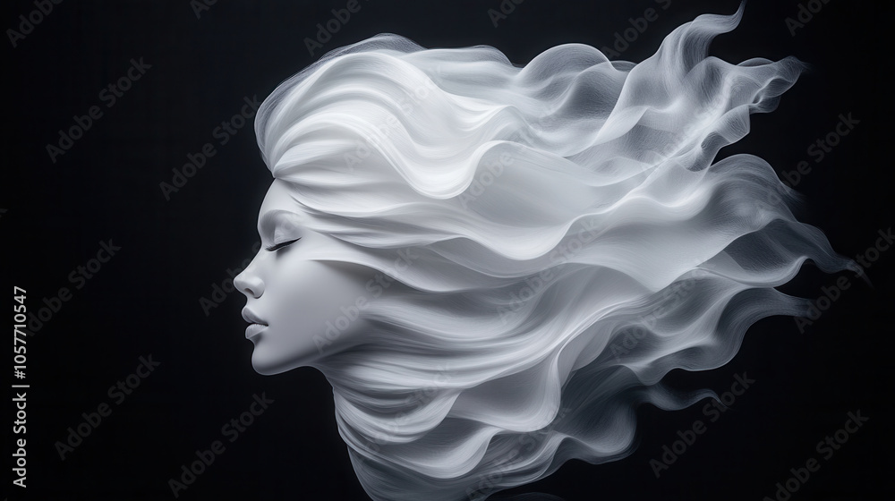 white digital drawing of flowing hair, showcasing serene expression and ethereal beauty. artwork captures essence of movement and grace in minimalist style white digital drawing of flowing hair, showcasing serene expression and ethereal beauty. artwork captures essence of movement and grace in minimalist style