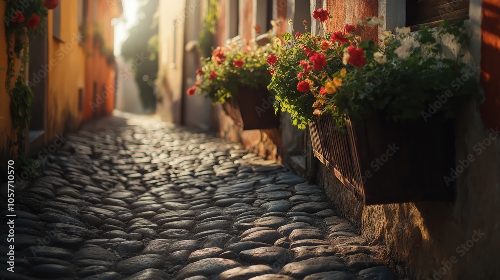 Fototapeta premium A picturesque cobblestone street lined with vibrant flower baskets in the warm sunlight.
