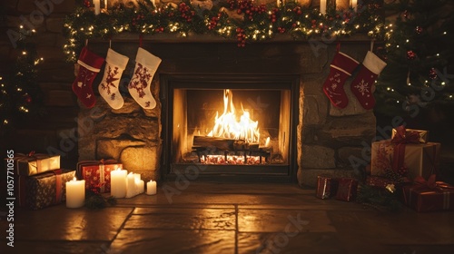 Serene christmas fireplace scene with cozy decor for holiday ambiance.