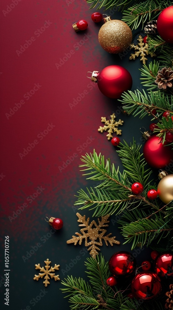 A festive traditional Christmas background adorned with red, gold, and green decorations, creating a cozy holiday atmosphere and evoking the joyful spirit of the season A festive traditional Christmas background adorned with red, gold, and green decorations, creating a cozy holiday atmosphere and evoking the joyful spirit of the season
