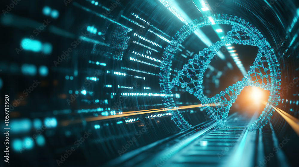 futuristic tunnel with abstract DNA structures and glowing lights, symbolizing modern transportation and technology futuristic tunnel with abstract DNA structures and glowing lights, symbolizing modern transportation and technology