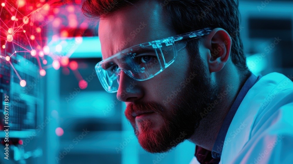 Scientist in Lab with Advanced Equipment and Holograms Scientist in Lab with Advanced Equipment and Holograms
