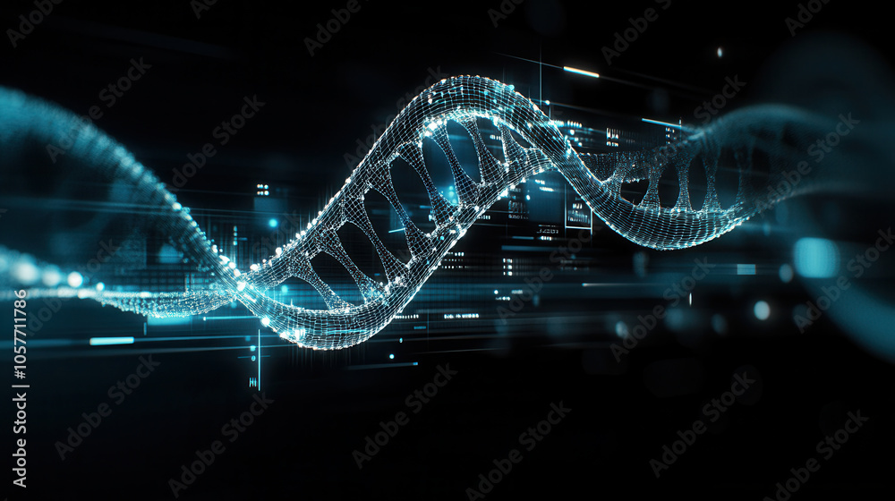 digital representation of DNA strand with glowing carbon base lines, symbolizing medical and scientific advancements. image conveys sense of innovation and discovery digital representation of DNA strand with glowing carbon base lines, symbolizing medical and scientific advancements. image conveys sense of innovation and discovery