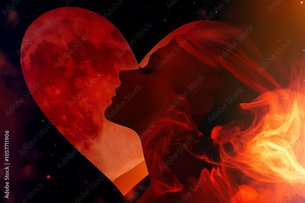 As fiery shades dance around the silhouette of a woman, a radiant heart emerges, symbolizing love and desire beneath a starry cosmos. Generative AI As fiery shades dance around the silhouette of a woman, a radiant heart emerges, symbolizing love and desire beneath a starry cosmos. Generative AI