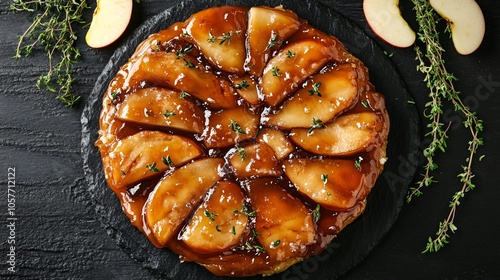 Crispy Tarte Tatin with caramel glaze, isolated on a charcoal background, with apple slices and fresh thyme