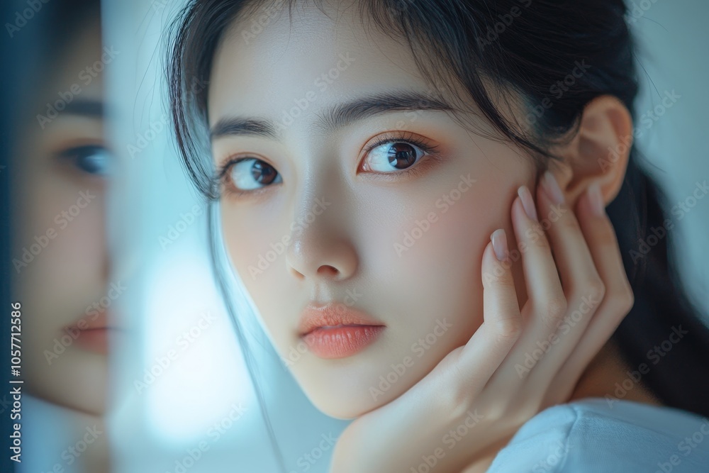 Bored, insomnia asian young woman, girl looking at mirror hand touching under eyes with problem of black circles or panda puffy, swollen and wrinkle on face. Sleepless, sleepy health, Generative AI