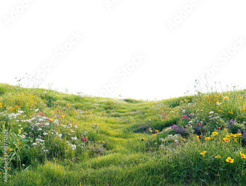 Vibrant meadow with colorful wildflowers and lush green grass.