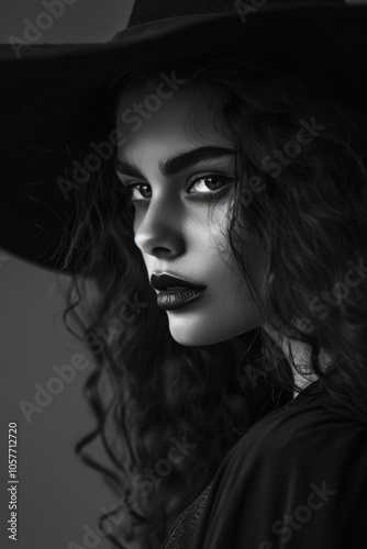 Black and white portrait of a beautiful dark haired witch