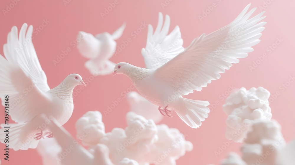 White doves soar through fluffy clouds in a whimsical scene White doves soar through fluffy clouds in a whimsical scene