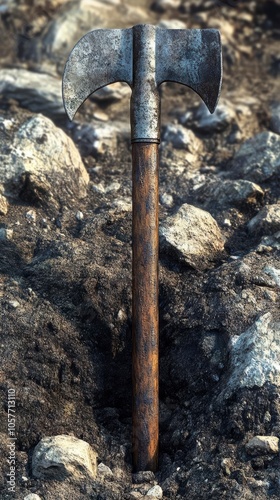 A weathered double-headed axe with a wooden handle rests on a rocky surface photo