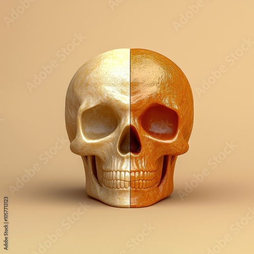 Examine the role of deepfake technology in facilitating new forms of digital scams, Artistic skull sculpture depicting two contrasting colors. photo