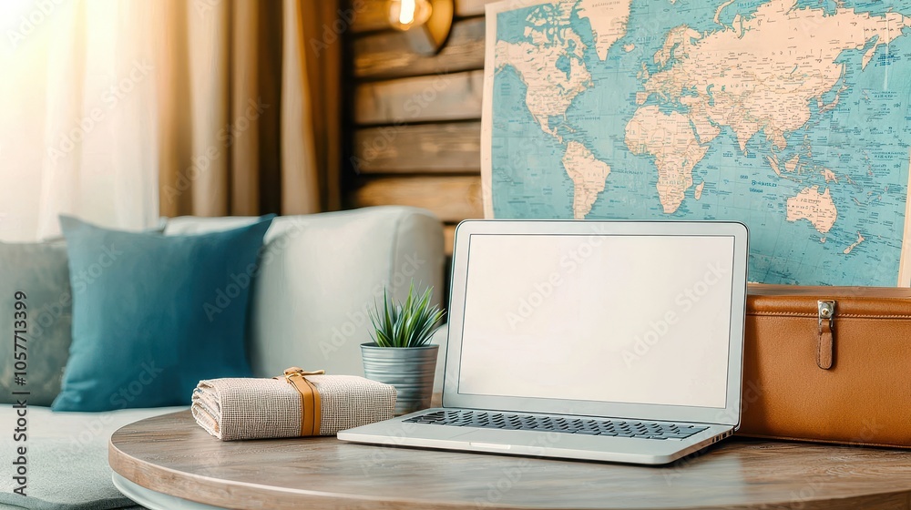 Fototapeta premium Cozy workspace with a laptop, map, and decorative elements on a wooden table, inviting creativity and productivity.