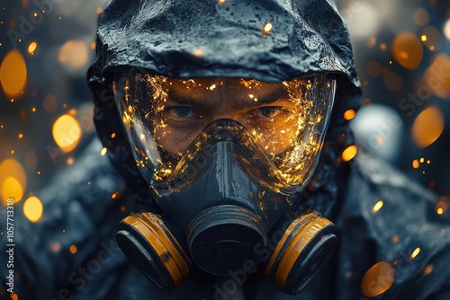 Man wearing gas mask and protective hood in a post-apocalyptic setting with flying sparks
